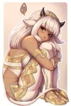  1girl animal_ears artist_name ash_(fire_emblem) blush brown_eyes closed_mouth dark-skinned_female dark_skin evomanaphy eyebrows_visible_through_hair fetal_position fire_emblem fire_emblem_heroes heart highres horns long_hair looking_at_viewer smile solo speech_bubble spoken_heart tail twitter_username white_hair 