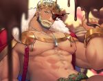  1boy abs balor_(housamo) bara beard black_hair blonde_hair blue_eyes cape chain chest_hair chocolate chocolate_on_body chocolate_on_hand crown cuffs dog_tags eyepatch facial_hair flaming_eye food food_on_body food_on_hand fur-trimmed_cape fur_trim hozu_(hozumi) large_pectorals looking_at_viewer male_focus male_underwear mature_male multicolored_hair muscular muscular_male nipples official_alternate_costume pectorals scar scar_on_face shackles short_hair solo thick_thighs thighs tokyo_afterschool_summoners topless_male tusks two-tone_hair underwear upper_body valentine yellow_male_underwear 