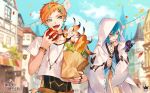  2boys akuma_ouji_to_ayatsuri_ningyou androgynous angel bag blonde_hair blue_eyes blue_hair cloak ear_piercing food groceries halo highres jewelry kai_(akuaya) looking_at_another looking_to_the_side multicolored_hair multiple_boys necklace otoko_no_ko ozadomi pale_skin piercing purple_eyes stuffed_animal stuffed_toy tis_(akuaya) translation_request 