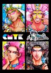  5boys battle_tendency black_hair blonde_hair blue_flower blue_rose chibi chocoblood cover cover_page earrings esidisi eyeshadow facial_mark flower hoop_earrings horns jewelry jojo_no_kimyou_na_bouken joseph_joestar joseph_joestar_(young) kars_(jojo) leash limited_palette lip_ring makeup multiple_boys necklace nose_piercing nose_ring piercing pink_hair red_eyes rose santana_(jojo) scarf turban wamuu 