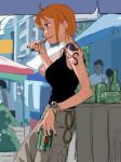  1girl 4myaku1 bare_shoulders black_nails black_shirt brown_pants eating heineken highres log_pose looking_away nami_(one_piece) one_piece orange_hair pants shirt short_hair shoulder_tattoo sketch sleeveless solo standing tatto tattoo 