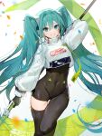 1girl :d absurdres aqua_eyes aqua_hair bangs banner black_bodysuit black_gloves black_legwear bodysuit clothes_writing commentary confetti covered_navel crop_top gloves goodsmile_racing hatsune_miku highres holding leg_up long_hair long_sleeves looking_at_viewer nannaspad parted_lips racing_miku racing_miku_(2022) see-through simple_background single_thighhigh skin_tight smile solo standing standing_on_one_leg thigh_gap thighhighs twintails very_long_hair vocaloid white_background 