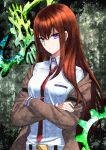  1girl bangs belt breasts brown_coat brown_hair closed_mouth coat collared_shirt crossed_arms dress_shirt eyebrows_visible_through_hair hair_between_eyes kaijin-m long_hair long_sleeves looking_at_viewer makise_kurisu medium_breasts necktie open_clothes open_coat purple_eyes red_necktie shiny shiny_hair shirt solo steins;gate straight_hair upper_body white_belt white_shirt wing_collar 