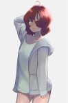  1girl ami_enan arm_behind_head arm_up blue_eyes blush bottomless casual closed_mouth gomashiwo_o hair_over_one_eye hood hoodie looking_at_viewer lupin_iii lupin_iii_part_5 red_hair shirt short_hair solo thighs white_hoodie white_shirt 