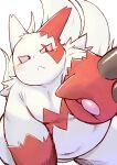  2022 anthro belly biped blush chiro_(artist) hi_res kemono navel nintendo overweight pok&eacute;mon pok&eacute;mon_(species) red_body simple_background solo video_games white_body zangoose 