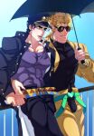  2boys against_railing arm_around_waist black_hair blonde_hair blue_eyes chain cigarette crotchless crotchless_pants dio_brando fang gakuran hat highres jacket jojo_no_kimyou_na_bouken kujo_jotaro large_pectorals less_end long_coat male_focus mullet multiple_boys muscular muscular_male pants pectorals railing school_uniform shirt smoking stardust_crusaders sunglasses tight tight_shirt umbrella vampire yellow_jacket 