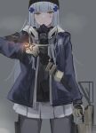 1girl blue_jacket brown_gloves chcn expressionless girls&#039;_frontline gloves green_eyes grey_hair grey_skirt highres hk416_(girls&#039;_frontline) jacket long_hair looking_at_viewer pantyhose pointing_to_the_side respirator skirt solo 