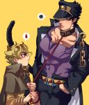  2boys age_regression animal_ears belt_collar black_hair blonde_hair blue_eyes cape capelet cat_ears cat_tail chain child collar dio_brando fang gakuran hands_in_pockets hat highres jacket jojo_no_kimyou_na_bouken kemonomimi_mode kujo_jotaro large_pectorals leash leash_pull less_end long_coat male_focus multiple_boys muscular muscular_male pectorals school_uniform spoken_blood spoken_squiggle squiggle stardust_crusaders tail yellow_jacket younger 