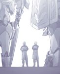  2boys absurdres aldirat crossed_arms dietrich_knitz edgar_c._blanche from_behind greyscale guair_custom hands_on_hips highres holding holding_sword holding_weapon ishiyumi jacket knight&#039;s_&amp;_magic mecha monochrome multiple_boys sword weapon white_background 