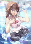  1girl :d bangs black_skirt blurry blurry_background bottle bra brown_hair collared_shirt commentary_request day depth_of_field dress_shirt eyebrows_visible_through_hair hair_between_eyes hair_ornament hairclip hand_up highres holding holding_bottle long_hair low_twintails moe2022 natuna_natu original outdoors pouring_onto_self purple_eyes school_uniform see-through shirt skirt smile solo striped striped_bra twintails underwear vertical-striped_bra vertical_stripes water water_bottle wet wet_clothes wet_shirt 