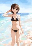  1girl absurdres beach bikini black_bikini blue_sky breasts brown_eyes brown_hair cloud cowboy_shot day funami_yui highres horizon keibi_inu ocean outdoors parted_lips short_hair sky small_breasts solo swimsuit yuru_yuri 