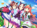  3girls blush brown_hair commentary_request gloves grass hair_between_eyes hair_ornament highres horse_girl long_hair looking_at_viewer multiple_girls one_eye_closed open_mouth orange_hair pantyhose profnote racetrack silence_suzuka_(umamusume) sky special_week_(umamusume) tokai_teio_(umamusume) umamusume 