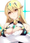  1girl arms_under_breasts bangs bare_shoulders blonde_hair breasts chest_jewel cleavage cleavage_cutout clothing_cutout crossed_arms daive dress earrings elbow_gloves from_below glaring gloves hair_between_eyes highres jewelry large_breasts long_hair looking_at_viewer looking_down mythra_(xenoblade) scowl short_dress swept_bangs tiara very_long_hair white_dress white_gloves xenoblade_chronicles_(series) xenoblade_chronicles_2 yellow_eyes 