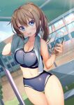  1girl blue_buruma blue_eyes blue_sports_bra bottle breasts brown_hair buruma cleavage highres large_breasts long_hair looking_at_viewer navel open_mouth original outdoors ponytail smile solo sports_bikini sports_bra sweat thigh_gap thighs to_kifa towel water_bottle wiping wiping_face 