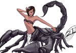  1girl :d arthropod_girl black_sclera brown_hair centauroid colored_sclera dark-skinned_female dark_skin full_body hand_up midriff monster_girl navel original scorpion_girl short_hair simple_background smile solo stretch taur white_background yellow_eyes zhokulingzhuko 