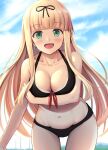  1girl bare_arms bare_legs bare_shoulders bikini black_bikini black_ribbon blonde_hair blush breasts cleavage collarbone commentary_request cowboy_shot day eyebrows_visible_through_hair fang green_eyes groin hair_ribbon highres ichikawa_feesu kantai_collection large_breasts long_hair navel open_mouth ribbon smile solo speech_bubble swimsuit yuudachi_(kancolle) 