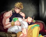  2boys biceps black_nails blonde_hair coat coat_removed dio_brando hat highres jojo_no_kimyou_na_bouken knee_pads kujo_jotaro lap_pillow large_pectorals less_end male_focus manboobs mullet multiple_boys pants pectoral_focus pectorals red_eyes shirt sitting sleeping sleeveless sleeveless_turtleneck snake_print star_(symbol) stardust_crusaders stone_ocean t-shirt tight tight_shirt turtleneck yellow_pants 