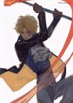  1boy akihare ascot blonde_hair coat fighting fire gloves highres holding holding_pipe holding_weapon long_sleeves male_focus one_piece pipe sabo_(one_piece) scar scar_across_eye solo weapon 