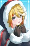  1girl :o azusa_(azunyan12) black_gloves black_jacket blue_background blue_eyes blush colored_tips curly_hair fur-trimmed_hood fur-trimmed_jacket fur-trimmed_sleeves fur_trim gloves hair_ornament hairclip hands_up highres hood hood_up hooded_jacket jacket kagamine_rin long_sleeves looking_at_viewer multicolored_hair open_mouth red_hair sleeves_past_wrists solo streaked_hair upper_body vocaloid white_hair yuki_rin 
