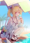  1girl absurdres ahoge animal_ears arknights bangs bare_legs beach beach_umbrella bikini black_footwear blonde_hair blue_sky blurry blurry_foreground breasts cleavage closed_mouth commentary day eating flower food fox_ears from_side full_body hair_ornament highres holding holding_food ice_cream ice_cream_cone jacket leaf_hair_ornament looking_at_viewer medium_breasts medium_hair miike_(992058) miniskirt mistletoe off_shoulder official_alternate_costume open_clothes open_jacket outdoors palm_tree pink_eyes pleated_skirt sandals shade skirt sky solo sora_(arknights) sora_(summer_flowers)_(arknights) squatting swept_bangs swimsuit tongue tongue_out tree twintails umbrella white_bikini white_jacket white_skirt wrist_flower wristband 