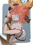  1girl a.b.a akisa_(12023648) bags_under_eyes bandages bare_shoulders blood blood_on_clothes blue_eyes border chain collarbone guilty_gear guilty_gear_xx highres key key_in_head looking_at_viewer open_mouth orange_hair paracelsus restrained sharp_teeth short_hair solo stitched_mouth stitches teeth twitter_username white_border 