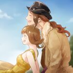  1boy 1girl breasts brown_hair cowboy_hat dress earrings final_fantasy final_fantasy_viii flipped_hair hat iroha_(akei0710) irvine_kinneas jacket jewelry open_mouth selphie_tilmitt short_hair sleeveless smile yellow_overalls 