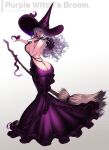  absurdres ass ass_cutout bare_back bare_shoulders beads breasts broom chipmunk clothing_cutout dress familiar finger_to_mouth hat highres large_breasts large_hat lips looking_at_viewer original pink_lips pointy_hat purple_dress purple_eyes seductive_smile sideboob smile squirrel toriseru_(thesuperhero) white_hair witch witch_hat 