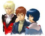  3boys amuro_ray blonde_hair blue_eyes blue_hair brown_eyes brown_hair bunkosu char_aznable gundam kamille_bidan looking_at_viewer looking_to_the_side male_focus mobile_suit_gundam multiple_boys white_background 