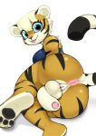  anthro anus balls blonde_hair blue_eyes bottomless butt clothed clothing felid foreskin genitals hair herm hi_res humanoid_genitalia intersex mammal pantherine partially_clothed pawpads penis presenting pussy smile solo tiger tight_foreskin tongue tongue_out topwear torafuta 
