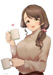  1girl :d bangs breasts brown_hair coffee_mug cup hair_ornament hair_scrunchie heart highres holding holding_cup idolmaster idolmaster_cinderella_girls large_breasts looking_at_viewer mochida_arisa mug sanpo_(sanpo_1027) scrunchie side_ponytail simple_background smile solo swept_bangs upper_body wavy_hair white_background 