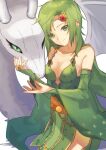  1girl breasts cleavage closed_mouth detached_sleeves dragon final_fantasy final_fantasy_iv green_eyes green_hair hair_ornament highres jewelry long_hair looking_at_viewer older rydia_(ff4) shirukokko simple_background smile thighhighs white_background wings 