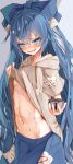  1girl absurdres bare_shoulders blue_bow blue_eyes blue_hair blue_skirt blush bow breasts commentary_request cup grey_jacket hair_between_eyes hair_bow highres holding holding_cup jacket lifted_by_self long_hair looking_at_viewer navel off_shoulder open_mouth skirt small_breasts smile solo stomach touhou tsune_(tune) underboob wavy_mouth yorigami_shion 