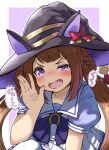  1girl absurdres bangs blush bow braid brown_hair collarbone commentary_request fang half-closed_eye hand_up hat hat_bow hat_with_ears highres koishi_chikasa long_hair looking_at_viewer nose_blush open_mouth outline outside_border pink_eyes pleated_skirt pov_bullying puffy_sleeves purple_background purple_bow sailor_collar shirt short_sleeves skirt solo sweep_tosho_(umamusume) translated umamusume upper_body v-shaped_eyebrows white_legwear white_outline white_sailor_collar white_shirt white_skirt wizard_hat 