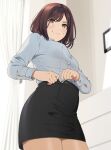  1girl blush brown_eyes brown_hair long_sleeves mattaku_mousuke office_lady original pencil_skirt short_hair skirt 