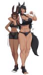  2girls :d abs airisubaka animal_ear_fluff animal_ears arm_around_shoulder artist_name bare_arms bike_shorts black-framed_eyewear black_hair breasts brown_hair cleavage closed_eyes collarbone commentary dark-skinned_female dark_skin english_commentary facial_mark forehead_mark full_body glasses hand_on_another&#039;s_waist hand_on_hip height_difference highres large_breasts long_hair medium_breasts midriff mole_on_stomach multiple_girls muscular muscular_female one_eye_closed open_mouth original purple_eyes rabbit_ears rabbit_girl short_hair signature simple_background smile sports_bra standing tail toeless_footwear toes towel vera_(airisubaka) white_background wolf_ears wolf_girl wolf_tail 