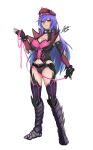  1girl airisubaka armor armored_boots artist_name boots bracelet collar commission deviljho_(armor) fingerless_gloves gloves hat highres iris_heart jewelry long_hair monster_hunter_(series) neptune_(series) peaked_cap purple_hair red_eyes simple_background solo spiked_bracelet spiked_collar spikes symbol-shaped_pupils whip white_background 