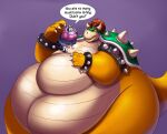  2020 absurd_res anthro armband bowser bowser_day bracelet claws clothing crown dialogue domestic_cat dress duo eye_contact fangs felid feline felis female hair hi_res holding_partner horn jewelry looking_at_another macro male mammal mario_bros navel nintendo obese obese_anthro obese_male open_mouth overweight overweight_anthro overweight_male pink_clothing pink_dress raised_tail shell shenzel shenzel_(shenzel) size_difference speech_bubble spiked_armband spiked_bracelet spiked_shell spikes spikes_(anatomy) teeth text video_games 