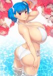  1girl ass bare_shoulders bikini blue_hair breasts butt_crack erkaz from_behind hair_ornament hair_scrunchie highres huge_breasts long_hair looking_at_viewer looking_back original red_eyes rina_atherina scrunchie shiny shiny_hair shiny_skin sideboob smile solo summer swimsuit thick_thighs thighs twintails water wet 