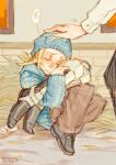  1boy adachi_ruri beanie blonde_hair boots child drooling hat headpat highres holding holding_boots holding_clothes holding_footwear hood hoodie johnny_joestar jojo_no_kimyou_na_bouken male_focus sleeping solo_focus steel_ball_run tears younger 