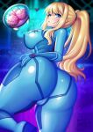  1girl ass ass_focus blonde_hair blush bodysuit breasts covered_nipples cowboy_shot from_behind highres huge_ass impossible_bodysuit impossible_clothes large_breasts long_hair metroid metroid_(creature) ponytail samus_aran sevie skin_tight solo zero_suit 