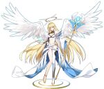  1girl angel ark_order bangs bare_shoulders blonde_hair blue_eyes breasts cleavage clothing_cutout detached_sleeves earrings falling_feathers feathered_wings full_body gold_footwear greetload halo high_heels highres holding holding_staff jewelry large_breasts leotard long_hair michael_(ark_order) navel navel_cutout official_art orb shoes single_thighhigh solo staff tachi-e thigh_strap thighhighs transparent_background very_long_hair white_wings wings 