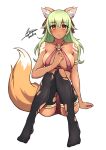  1girl absurdres airisubaka animal_ears arm_support artist_name bare_shoulders black_legwear blush borrowed_character breasts brown_eyes collarbone commission dark-skinned_female dark_skin eyebrows_visible_through_hair fox_ears fox_girl fox_tail full_body green_hair halter_top halterneck highres large_breasts long_hair looking_at_viewer o-ring o-ring_top original parted_lips signature sitting solo tail thighhighs torn_clothes torn_legwear 