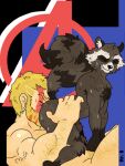  anal anthro body_hair brown_body brown_fur duo fur guardians_of_the_galaxy human human_on_anthro interspecies male male/male mammal marvel mr.brapion oral procyonid raccoon rimming rocket_raccoon sex simple_background size_difference smaller_male thick_tail thor_(marvel) 