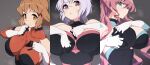  3girls absurdres blush breasts commentary_request gloves green_eyes hair_ornament hairclip highres impossible_clothes kuro_mushi large_breasts looking_at_viewer maria_cadenzavna_eve multiple_girls open_mouth orange_eyes pink_hair purple_eyes senki_zesshou_symphogear short_hair silver_hair sweat tachibana_hibiki_(symphogear) yukine_chris 