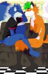  anthro big_tail blue_body blue_fur bottomless canid canine clothed clothing duo fox fur furniture green_eyes green_hair hair male male/male mammal mr.brapion nude orange_body orange_fur partially_clothed rask_spher romantic romantic_couple sofa thick_tail ushie 