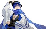  1boy blue_eyes blue_hair bokyo hands_up highres japanese_clothes kaito_(vocaloid) looking_at_viewer nail_polish ooedo_julia_night_(vocaloid) scarf smile solo vocaloid white_background wide_sleeves 