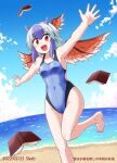  bangs barefoot bird_wings blue_hair competition_swimsuit covered_navel groin head_wings horns kousei_(public_planet) multicolored_hair one-piece_swimsuit red_eyes red_wings short_hair silver_hair single_head_wing swimsuit tokiko_(touhou) touhou two-tone_hair white_hair wings 