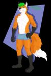  3_toes anthro bulge canid canine chest_tuft clothed clothing feet fox fur green_eyes green_hair hair hi_res male mammal mr.brapion rask_spher simple_background solo thick_tail toes tuft underwear underwear_only 