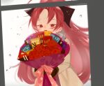  1girl bouquet flower food from_outside holding holding_bouquet mahou_shoujo_madoka_magica pocky red_eyes red_hair ribbon rose sakura_kyouko she_li_(lynxm) solo window 