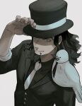  1boy absurdres animal_on_shoulder bird bird_on_shoulder chacoma facial_hair formal from_above hand_on_headwear hat hattori_(one_piece) highres male_focus one_piece pigeon rob_lucci sleeves_rolled_up smile solo suit 